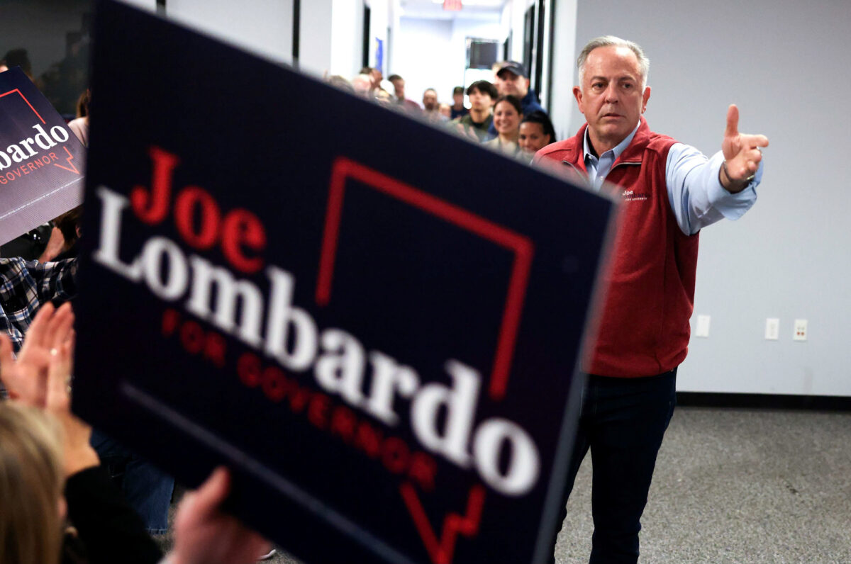 Republican gubernatorial candidate Joe Lombardo speaks during a rally at the GOP headquarters in Henderson on Sunday, Nov. 6, 2022. (Jeff Scheid/The Nevada Independent)